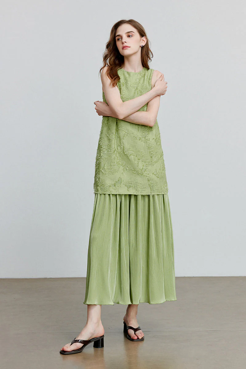 Green Frayed Jacquard Pleated Mixed-Media Midi Dress - HBQMJX