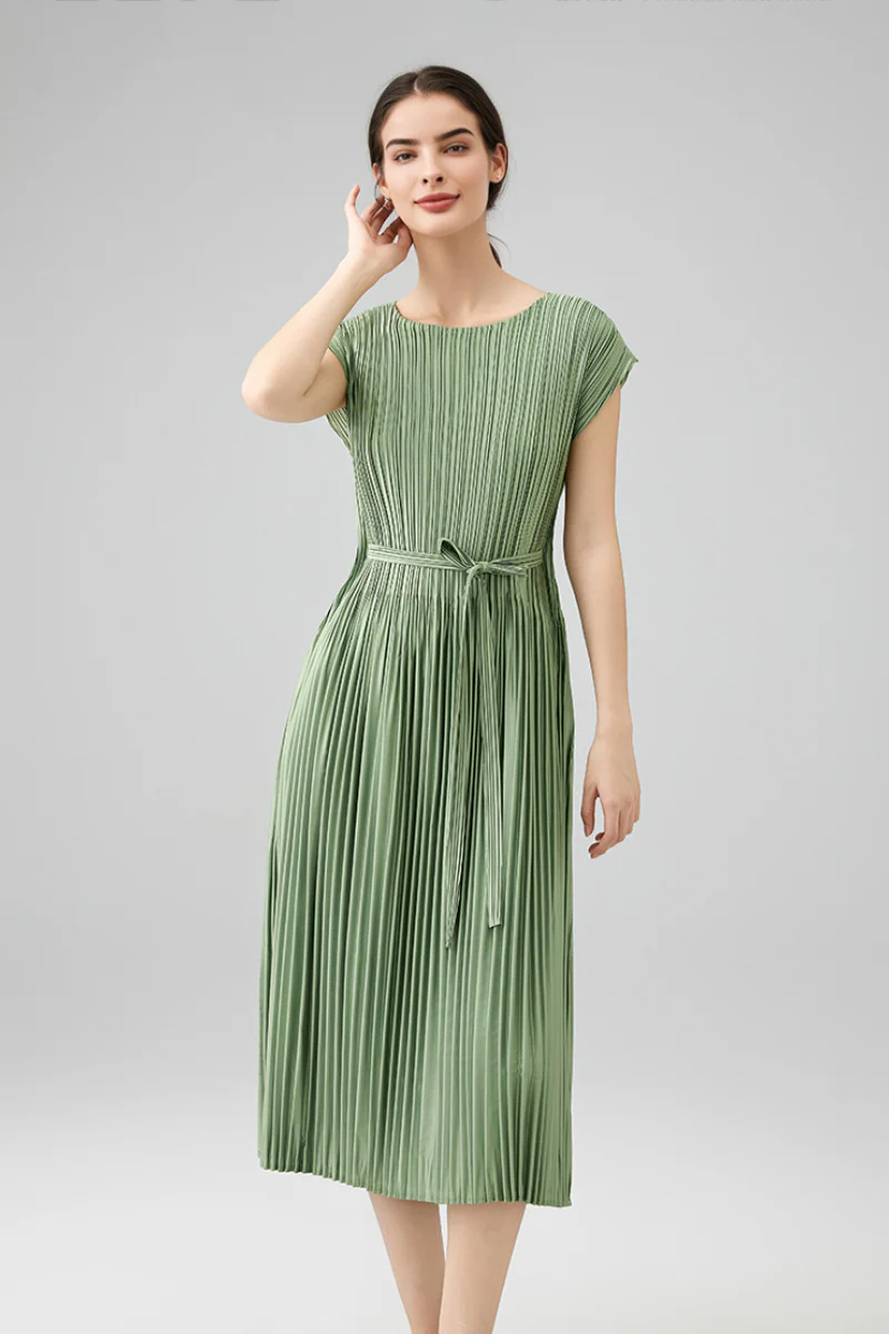 Designer Inspired Pleated Cap-Sleeve Dress with Belt - HBQMJX