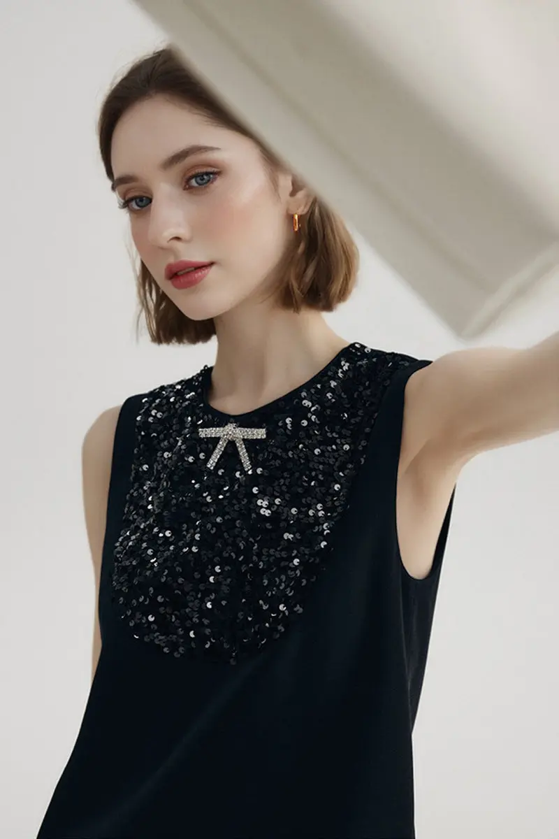 Sequin Embellished Bow-Detail Sleeveless Mini Dress - HBQMJX