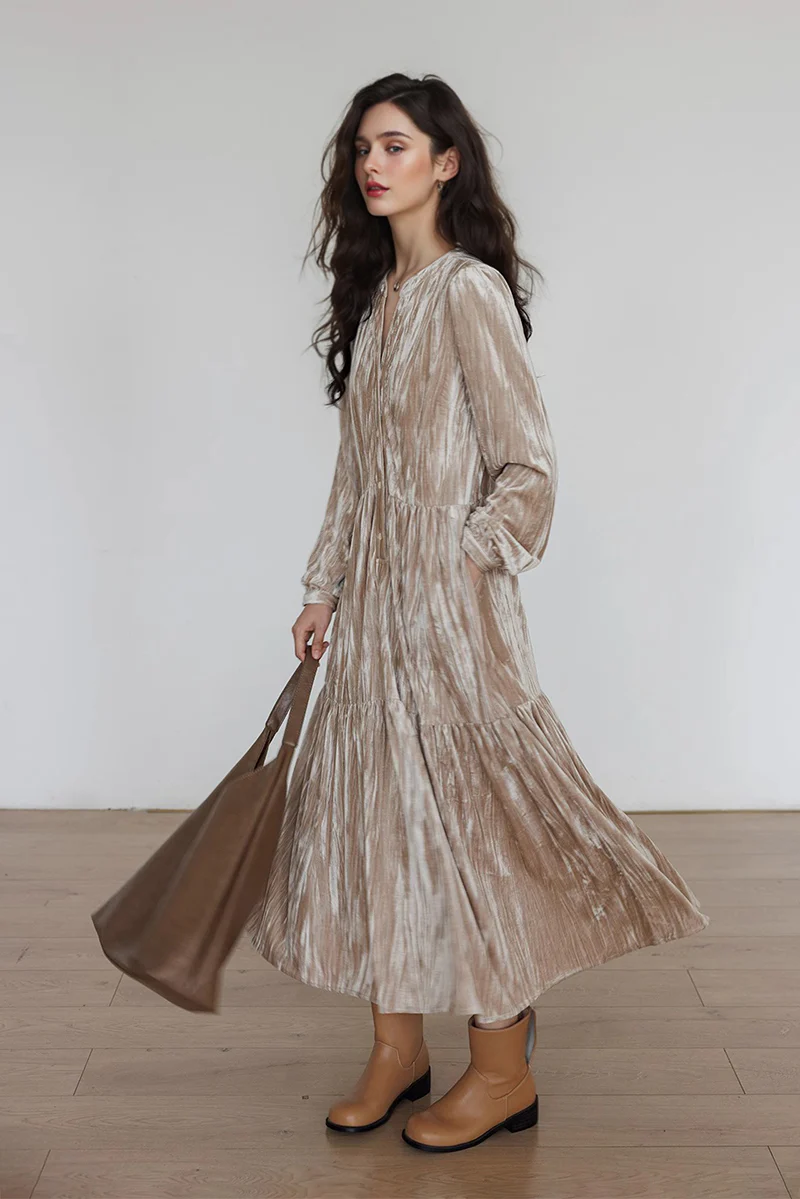 Tiered Long-Sleeve Button-Down A-Line Velvet Midi Dress - HBQMJX