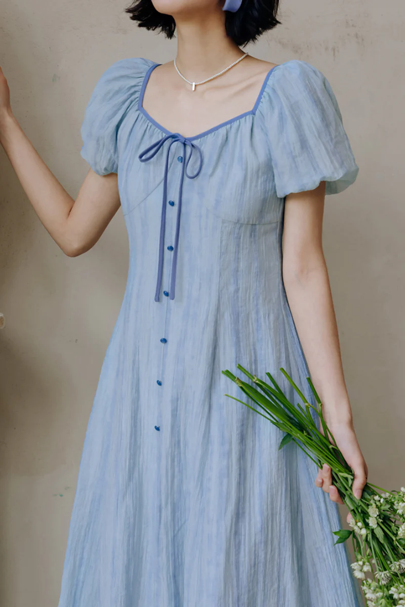 Baby Blue Lyocell V-Neck Puff-Sleeve Midi Dress - HBQMJX