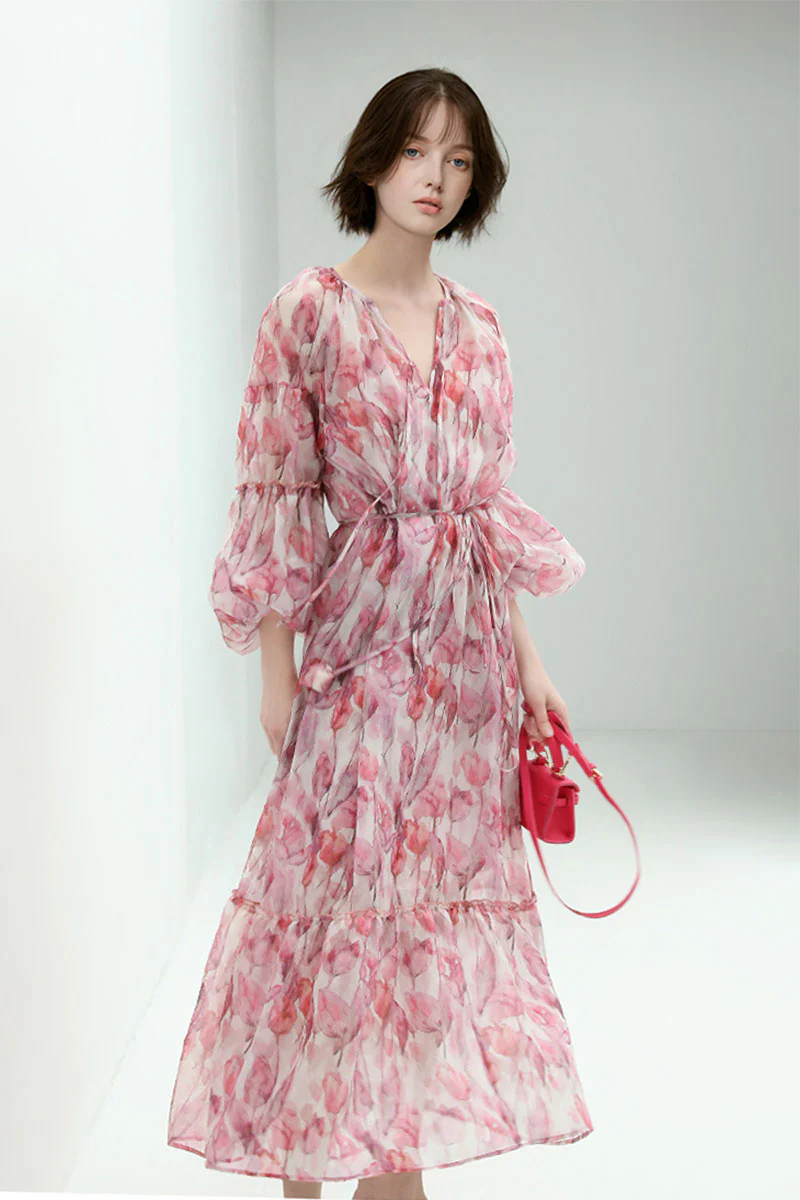 Boho Flower Balloon-Sleeve V-Neck Chiffon Maxi Dress with Underdress - HBQMJX