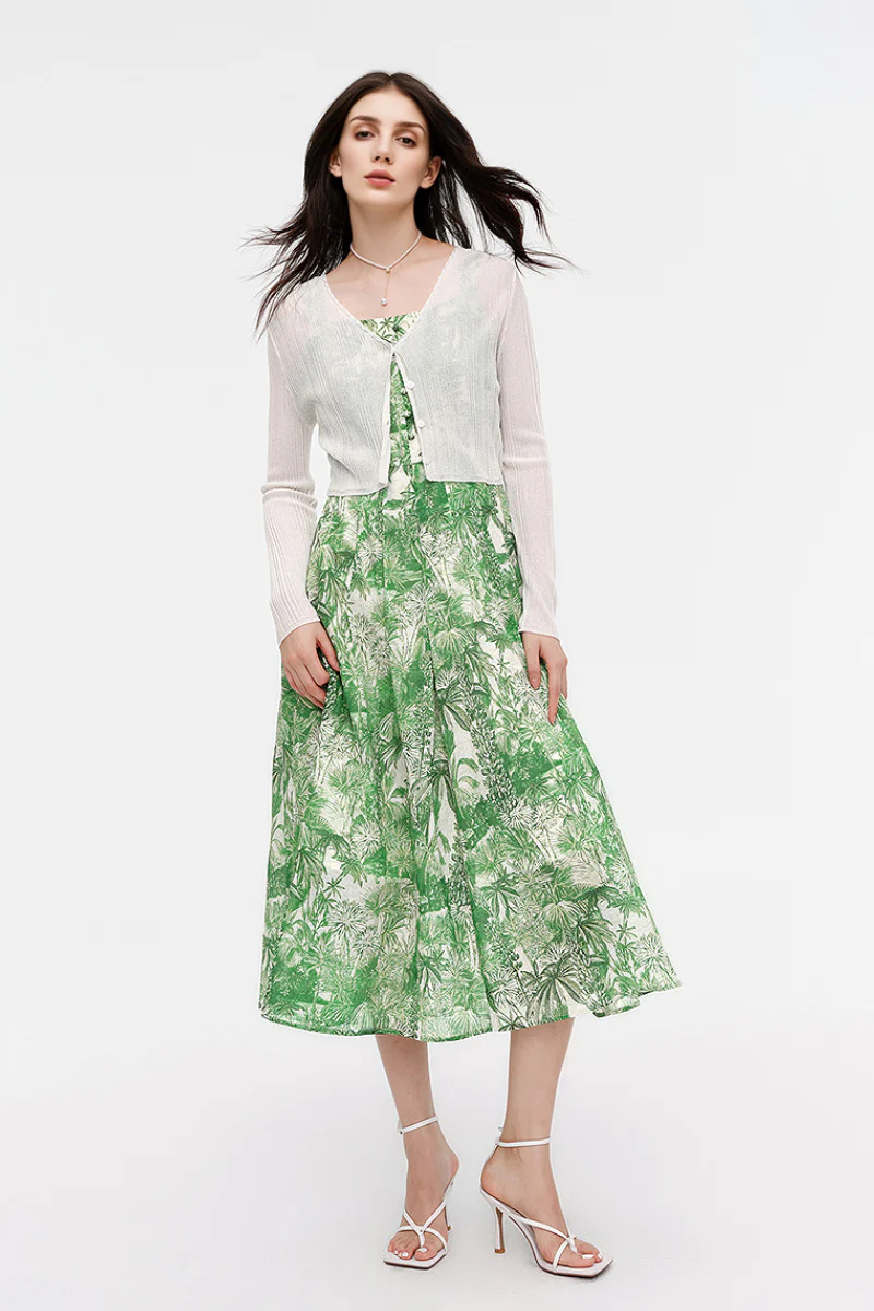 Green Floral Square-Neck Sleeveless Midi Dress - HBQMJX
