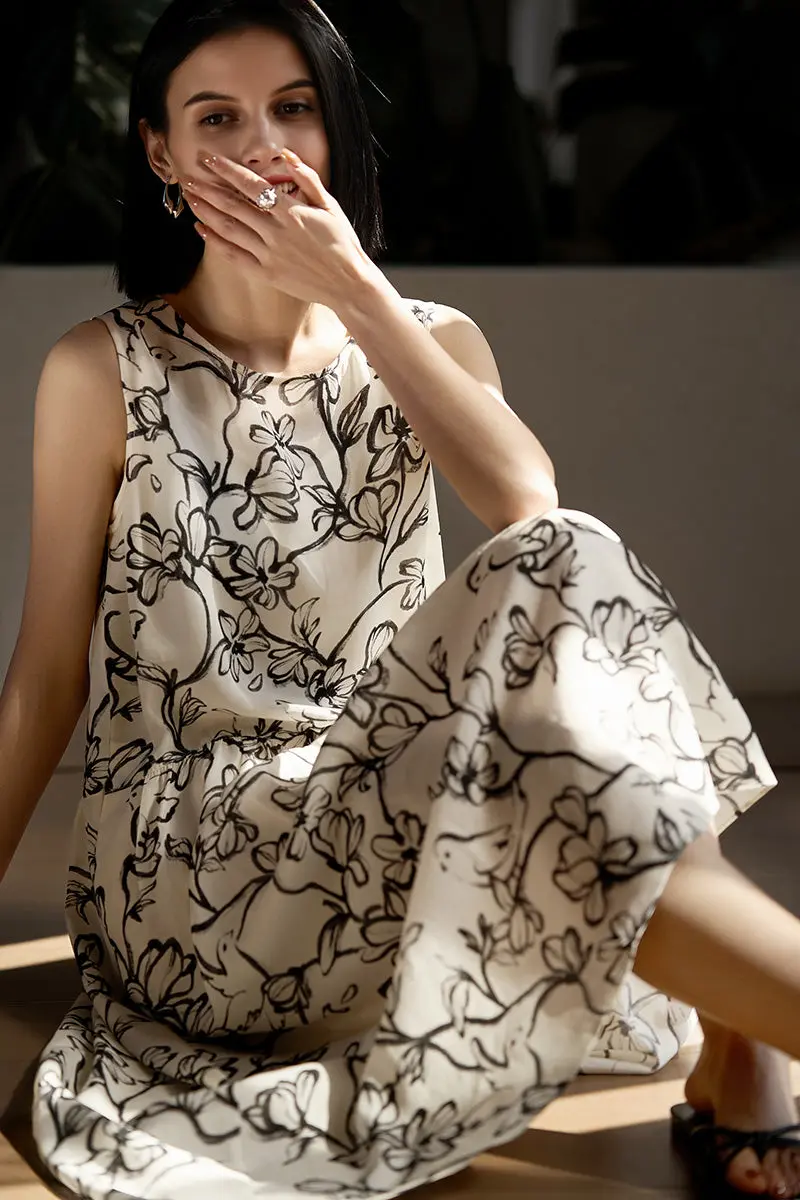 Linen Floral Sleeveless Midi Dress - HBQMJX