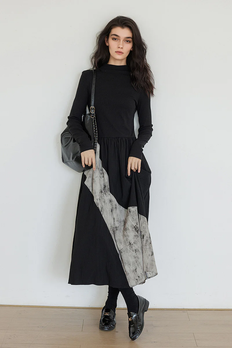 Fit & Flare Long-Sleeve Midi Dress with Lace Patchwork - HBQMJX