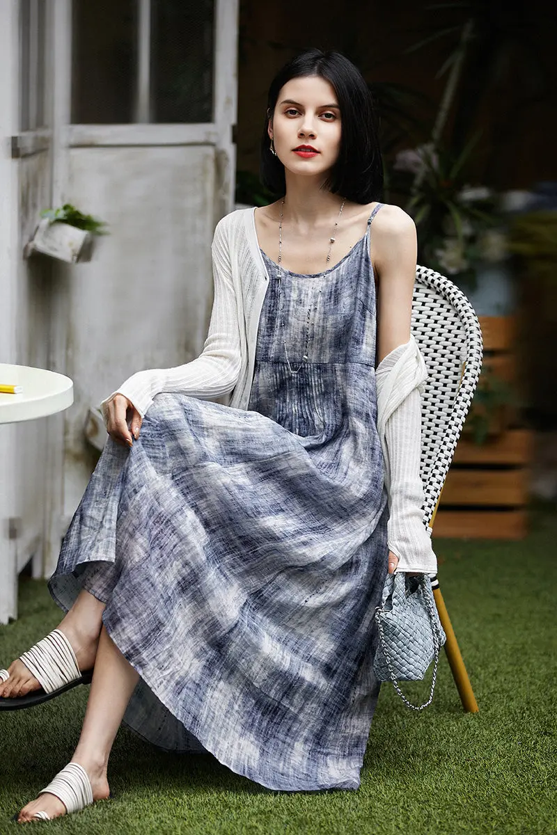 100-Count Fine Ramie Blue Tie Dye Spaghetti-Strap Maxi Dress - HBQMJX