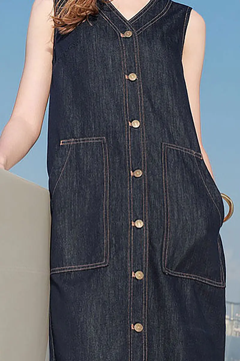 Denim V-Neck Vest Midi Dress with Pockets - HBQMJX