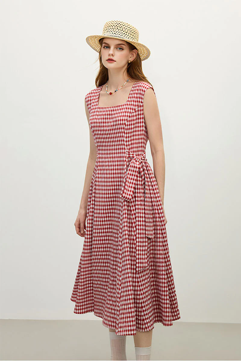 Red Gingham A-Line Midi Dress with Back Tie - HBQMJX