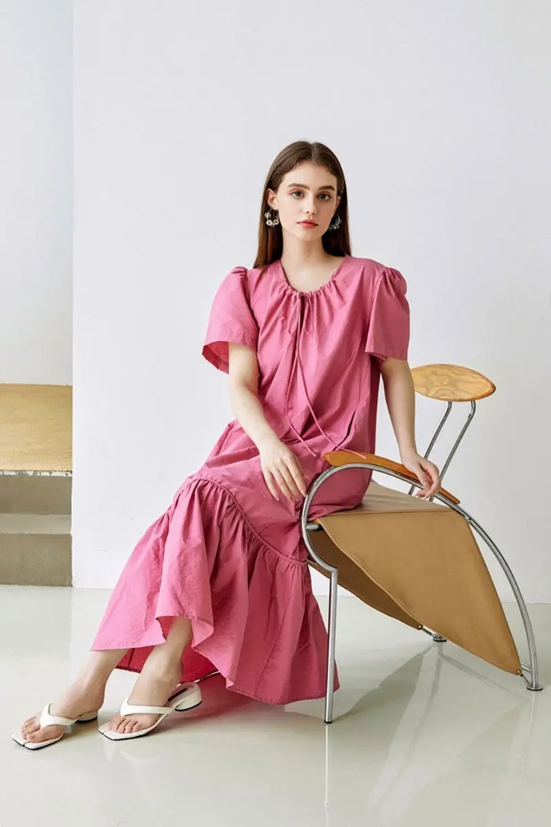 Pink Tiered Trapeze Tie-Neck Midi Dress - HBQMJX