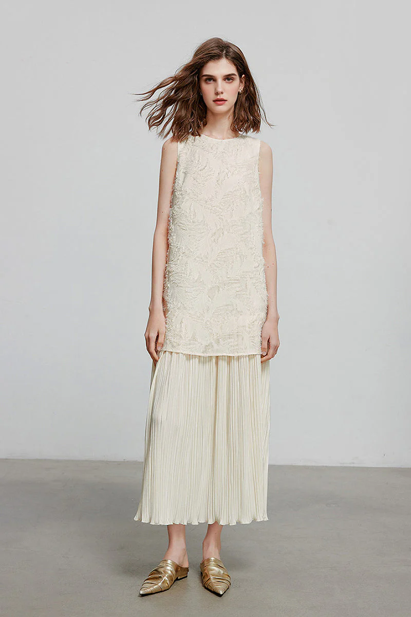 White Pleated Frayed Jacquard Mixed-Media Midi Dress - HBQMJX