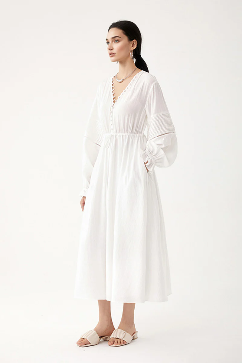 White Lantern-Sleeve V-Neck Midi Dress - HBQMJX