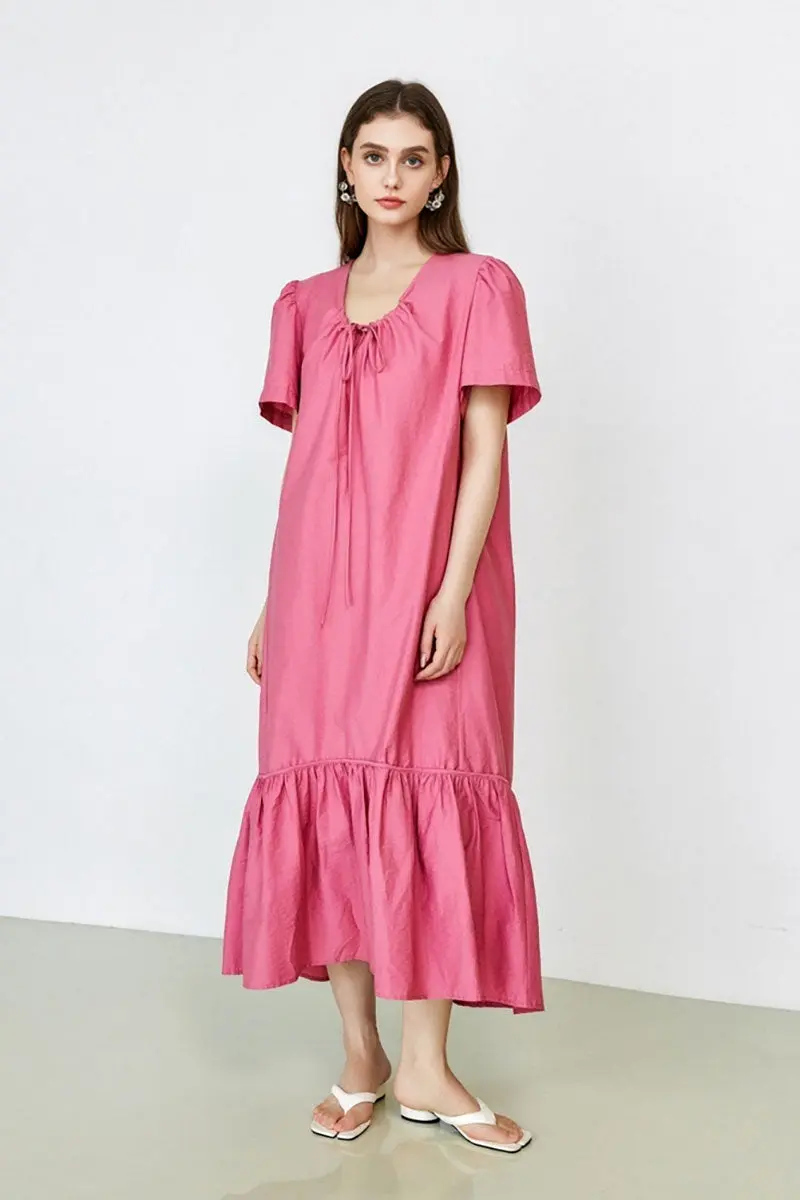 Pink Tiered Trapeze Tie-Neck Midi Dress - HBQMJX