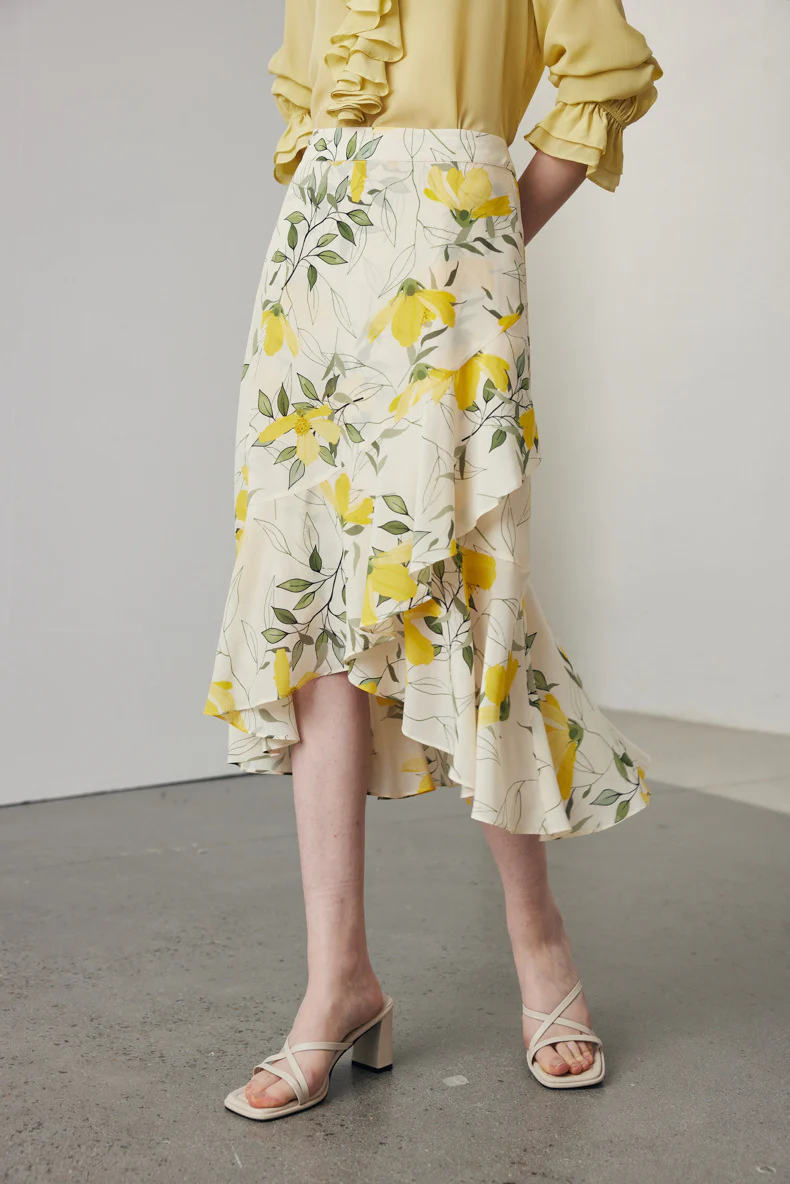 Asymmetric Silk Ruffled Floral Midi Skirt - HBQMJX