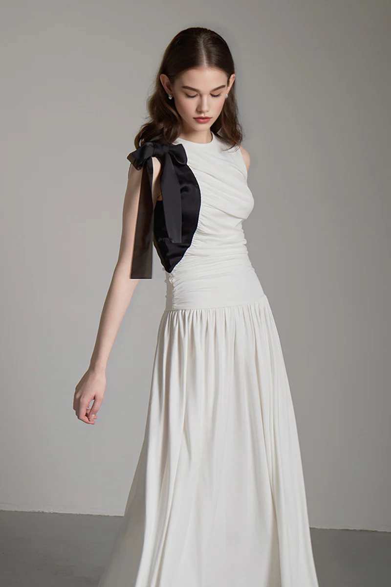 Sleeveless One-Shoulder-Tie Ruched Maxi Dress - HBQMJX