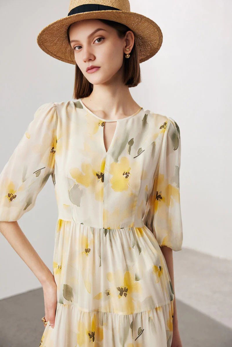 100 Mulberry Silk Floral Balloon-Sleeve Keyhole Tiered Midi Dress - HBQMJX