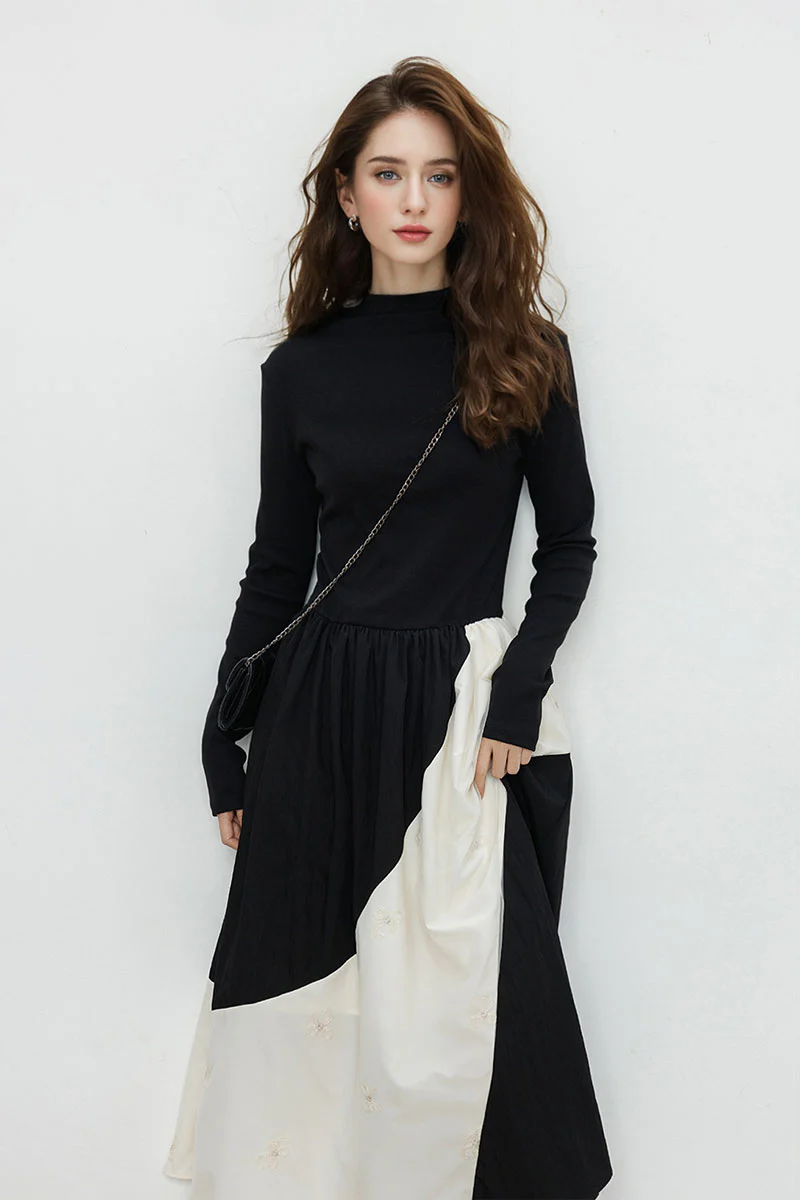 Fit & Flare Long-Sleeve Midi Dress with Lace Patchwork - HBQMJX