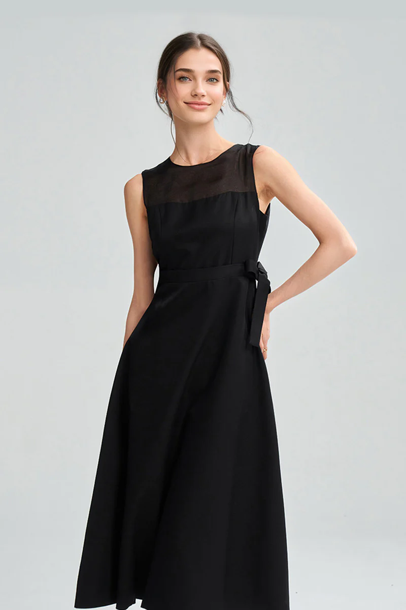 Black Sleeveless A-Line Organza Midi Dress with Bow - HBQMJX