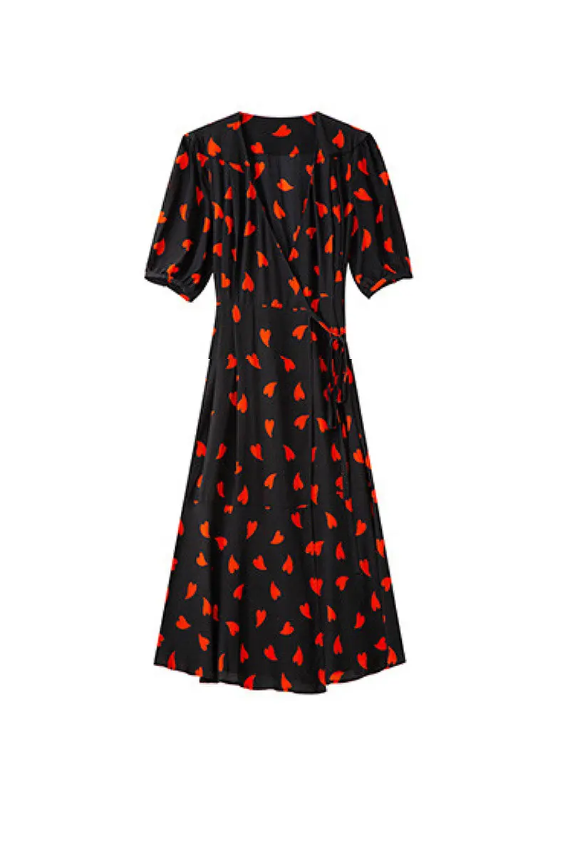 French-Inspired Silk Double Crepe Heart Wrap Midi Dress - HBQMJX