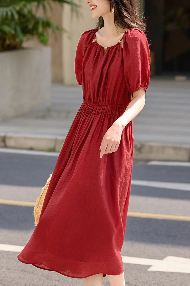 Red Beaded Puff-Sleeve A-Line Midi Dress - HBQMJX