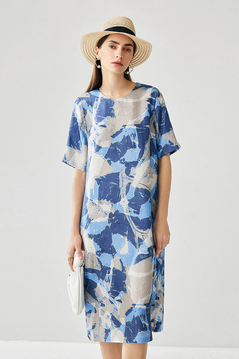 100% Silk Floral Midi Shift Dress with Pockets in Blue - HBQMJX
