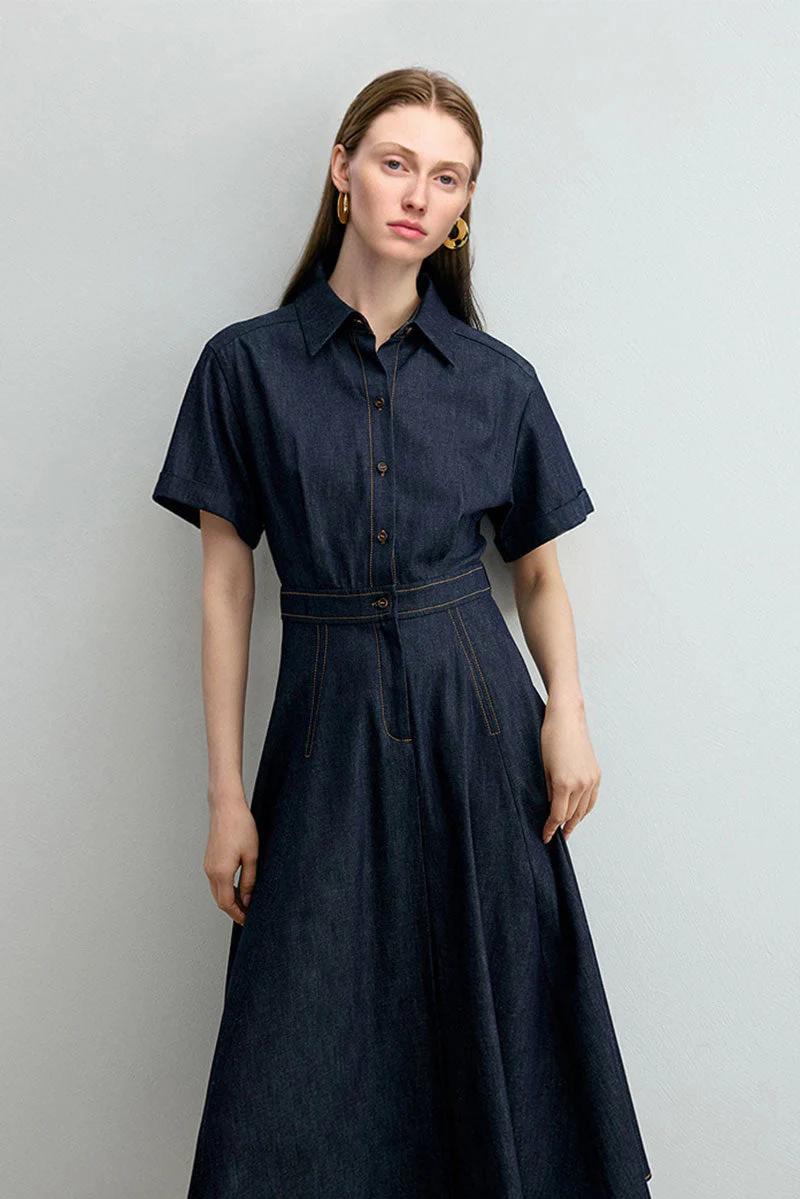 Tencel Denim Short-Sleeve Button-Up Midi Shirt Dress - HBQMJX
