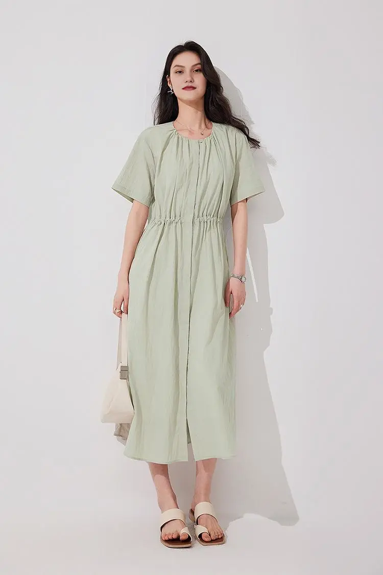 Summer Cinched Waist Midi Dress with Pockets - HBQMJX