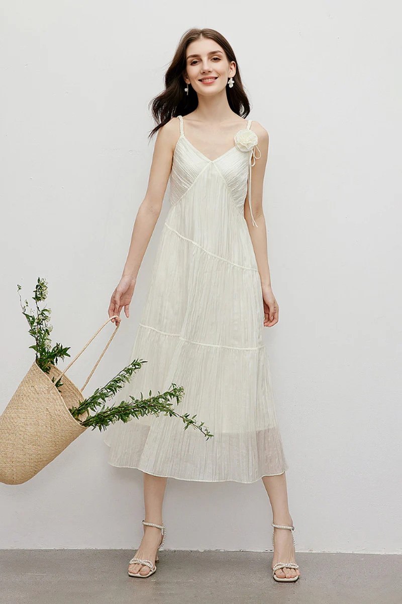 White V-Neck Spaghetti-Strap Textured Midi Dress - HBQMJX