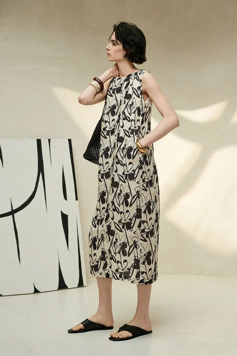 Vintage Floral Sleeveless Midi Shift Dress in Ramie - JIEEQQ