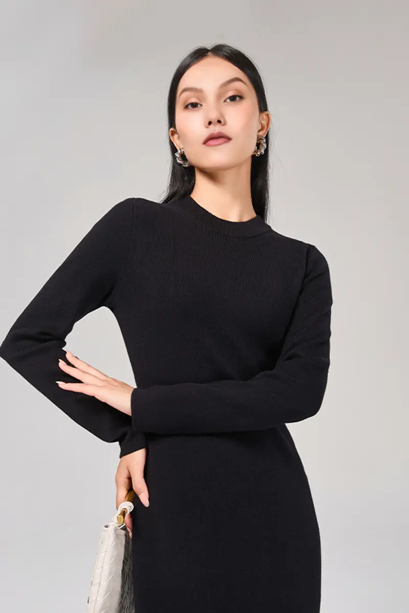 Slim Fit Long Sleeve Knit Wool Maxi Dress - HBQMJX