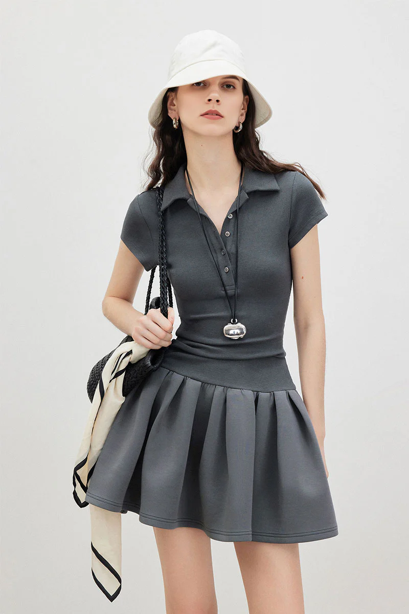 Grey Polo-Neck Short-Sleeve Mini Dress - HBQMJX