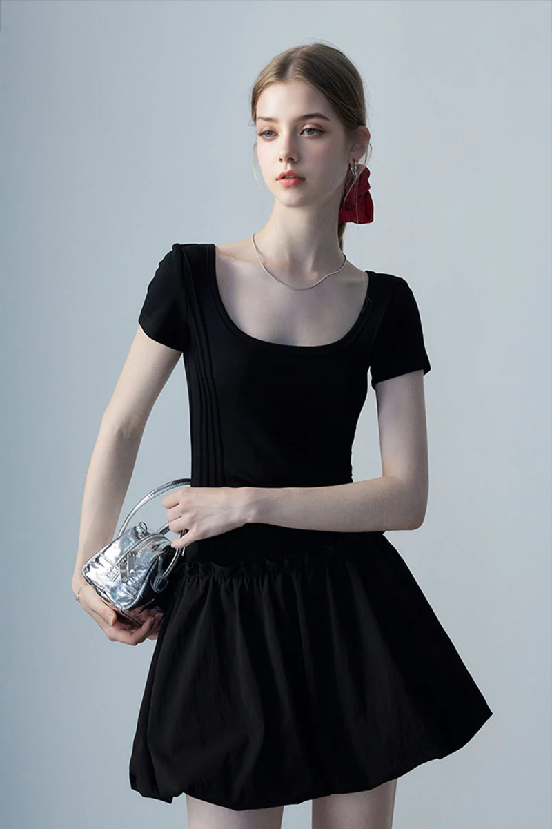 Black Squre-Neck Bubble Mini Dress - HBQMJX