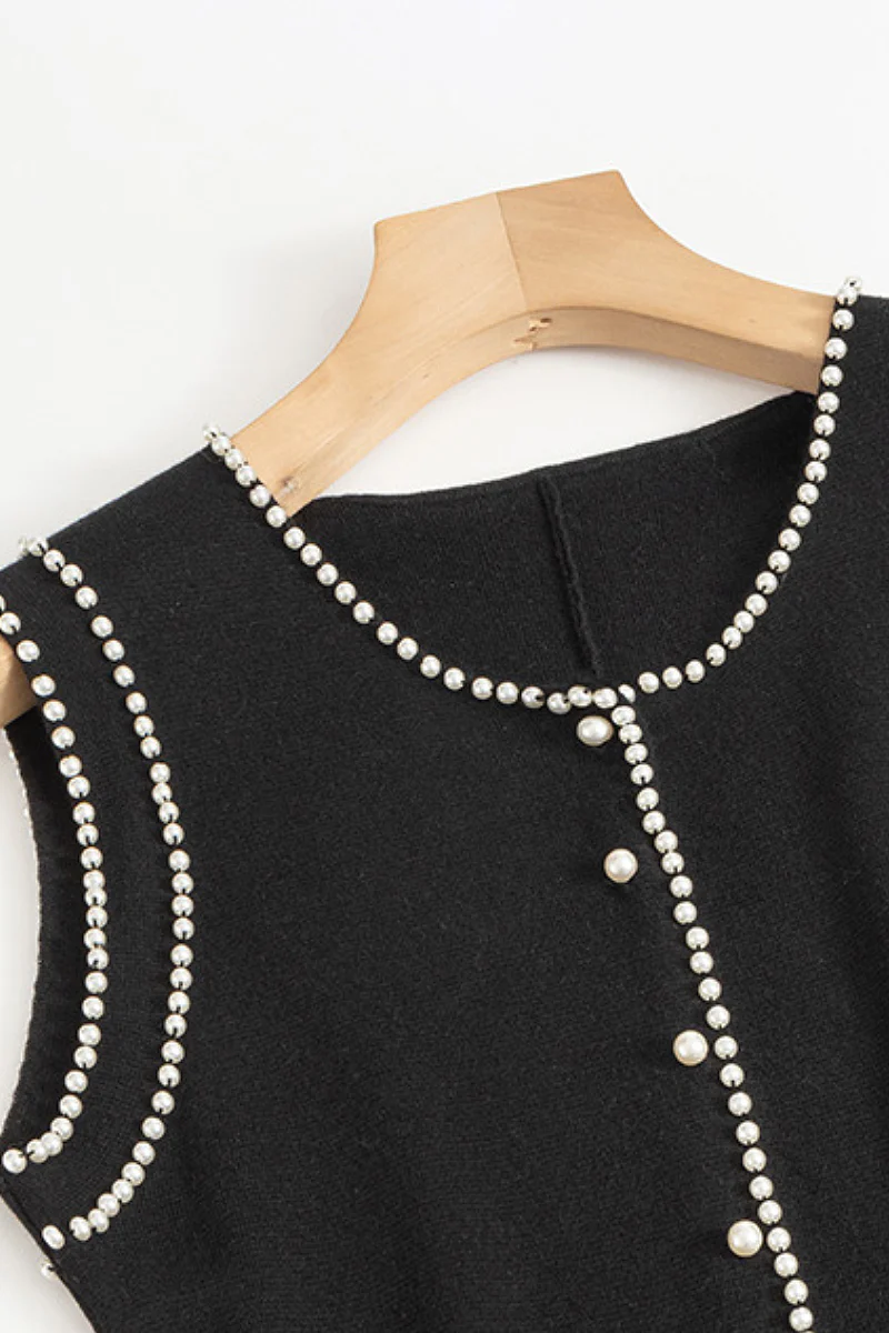 French Sleeveless Handmade Embellished Knit Midi Dress - HBQMJX