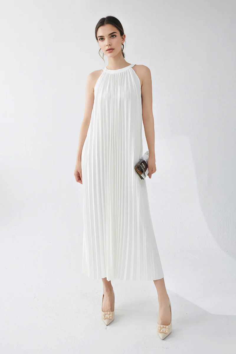 Designer Inspired Pleated Flowy Halter-Neck Midi Dress in White - HBQMJX