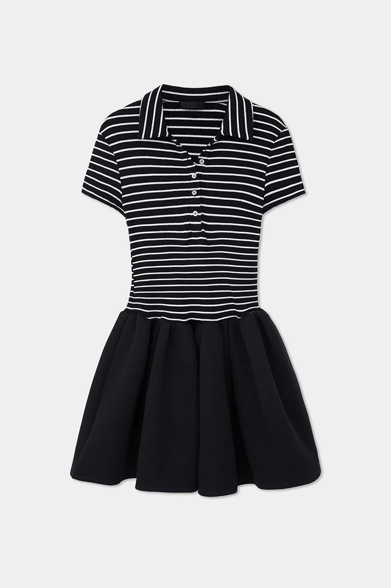 Black Polo-Neck Short-Sleeve Mini Dress in Stripe - HBQMJX