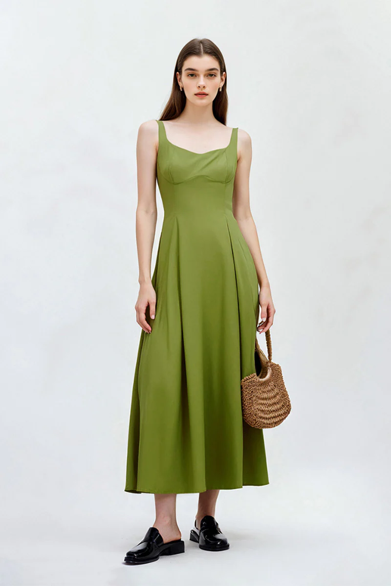 Olive Green Sleeveless Fit & Flare Midi Dress - HBQMJX