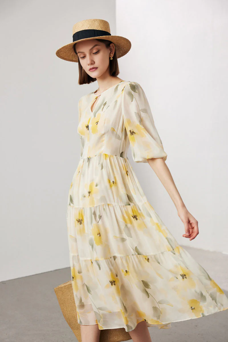 100 Mulberry Silk Floral Balloon-Sleeve Keyhole Tiered Midi Dress - HBQMJX
