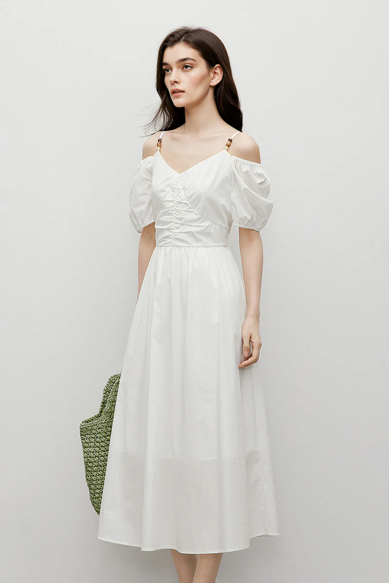 White V-Neck Beaded Strap Midi Dress - HBQMJX