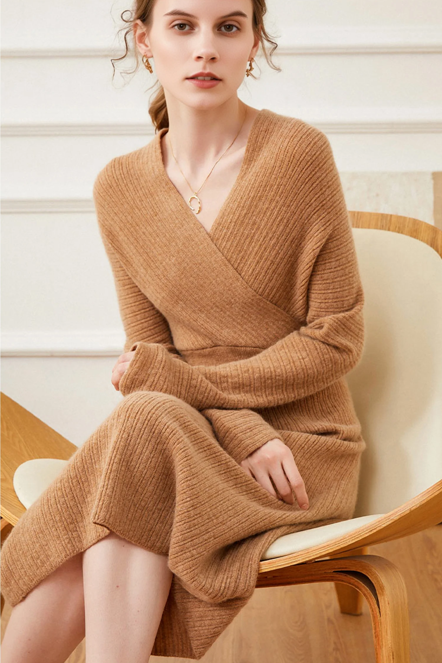 Ultrasoft Cashmere-Wool Long Sleeve Wrap Sweater Dress - HBQMJX