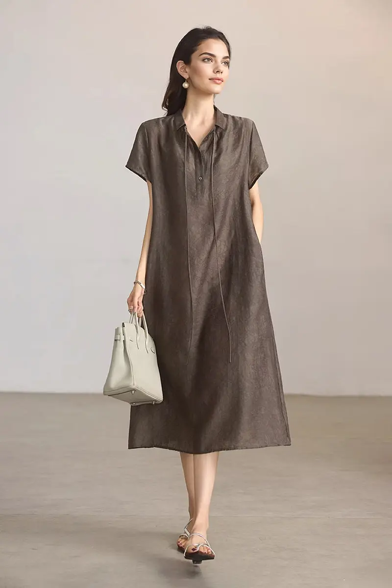 Linen-Blend Jacquard A-Line Shirt Dress in Grey - JIEEQQ