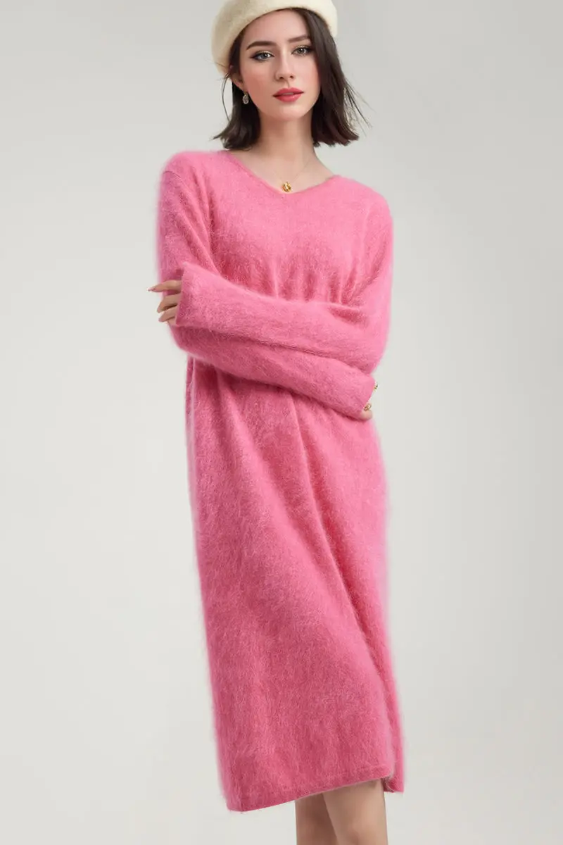 Classic Brushed Cashmere V-Neck Long Sleeve Sweater Dress - HBQMJX