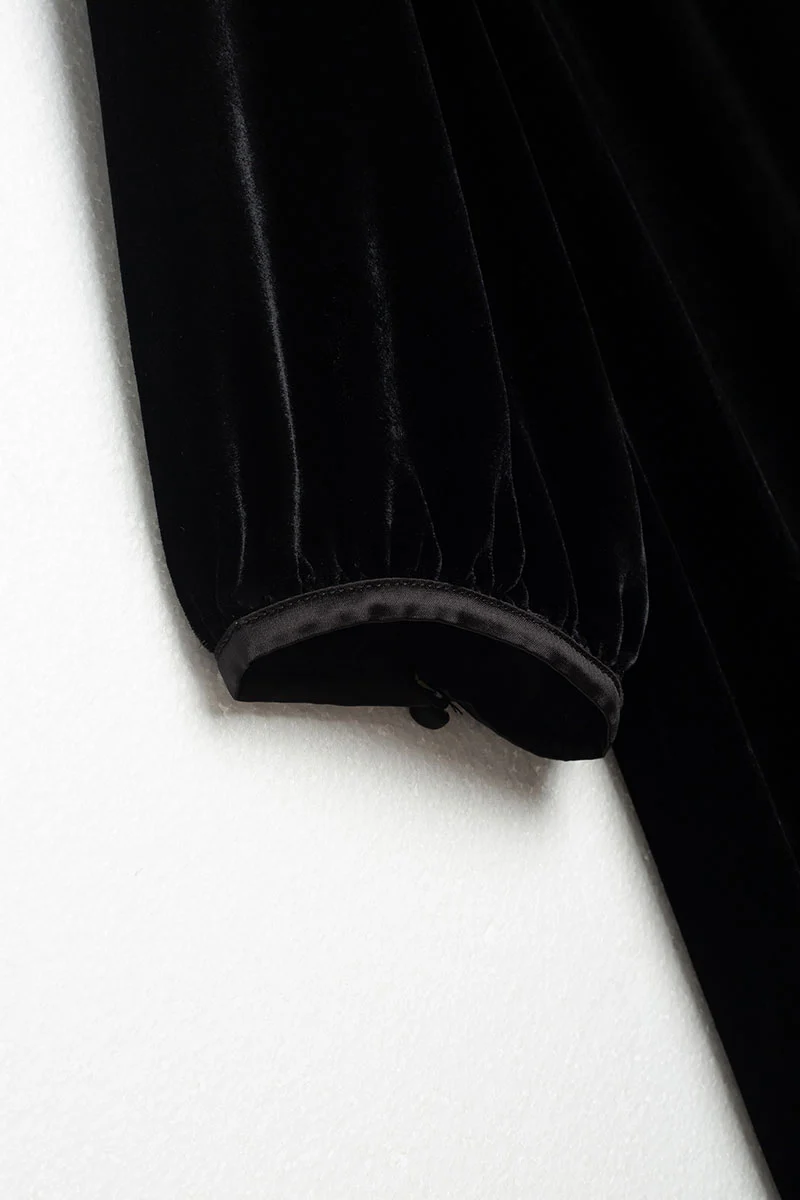 Ostrich-Feather Velvet Elbow-Sleeve Midi Dress with Pearl Trim - HBQMJX