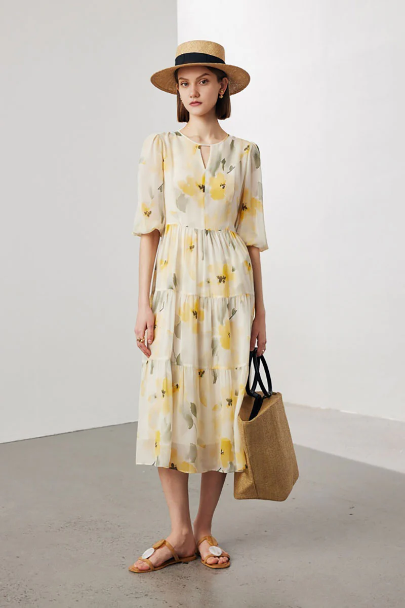 100 Mulberry Silk Floral Balloon-Sleeve Keyhole Tiered Midi Dress - HBQMJX