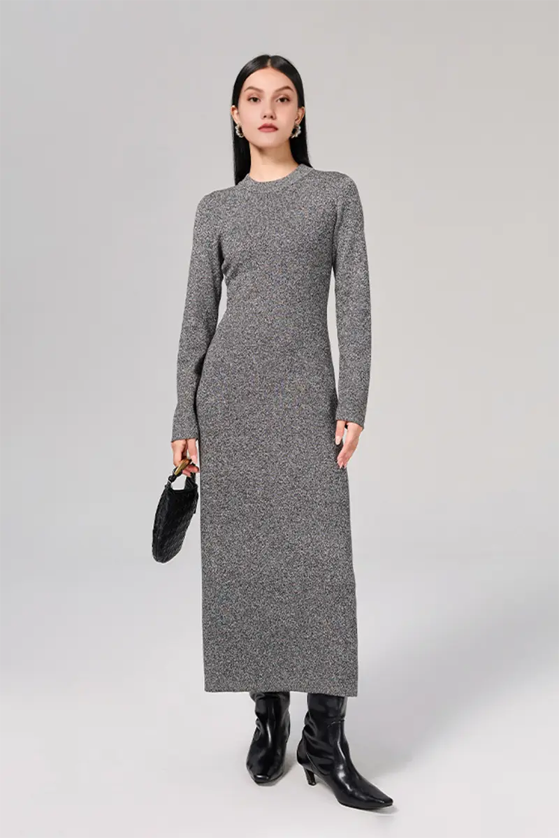 Slim Fit Long Sleeve Knit Wool Maxi Dress - HBQMJX