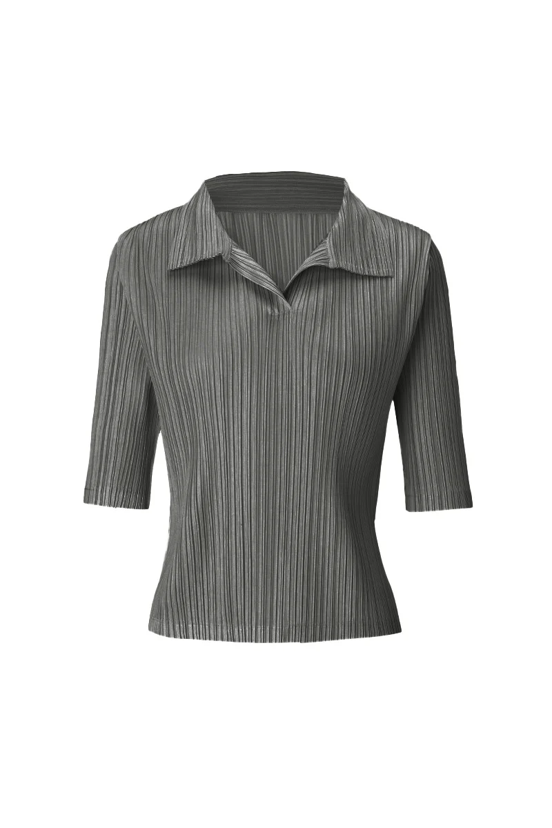 Designer-Inspired Pleated Elbow-Sleeve Polo Shirt - HBQMJX