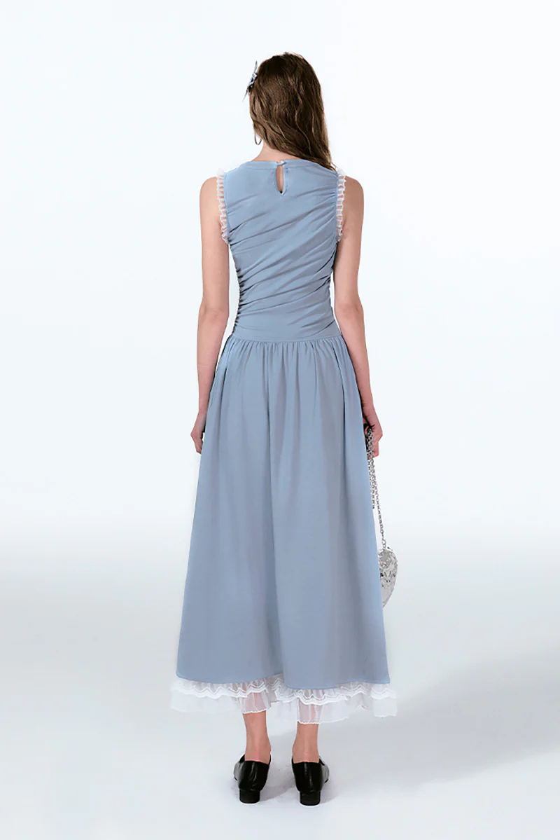 Blue Sleevelss Ruched Fit & Flare Maxi Dress with Bow & Lace - HBQMJX