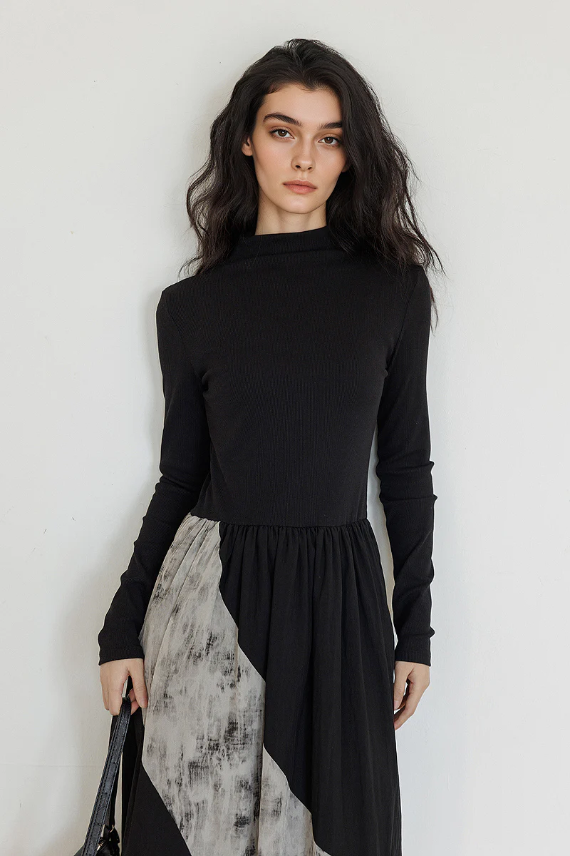 Fit & Flare Long-Sleeve Midi Dress with Lace Patchwork - HBQMJX