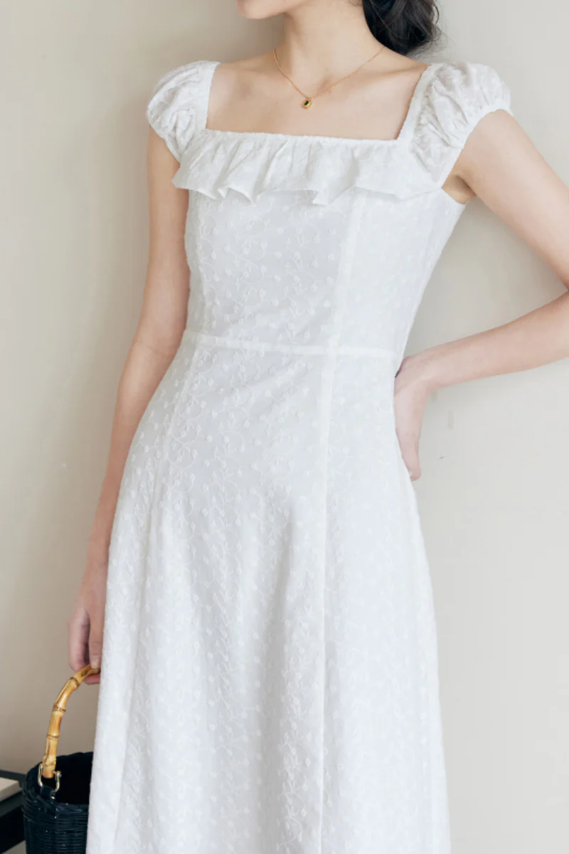 White Cotton Embroidery Off-Shoulder Midi Dress - HBQMJX