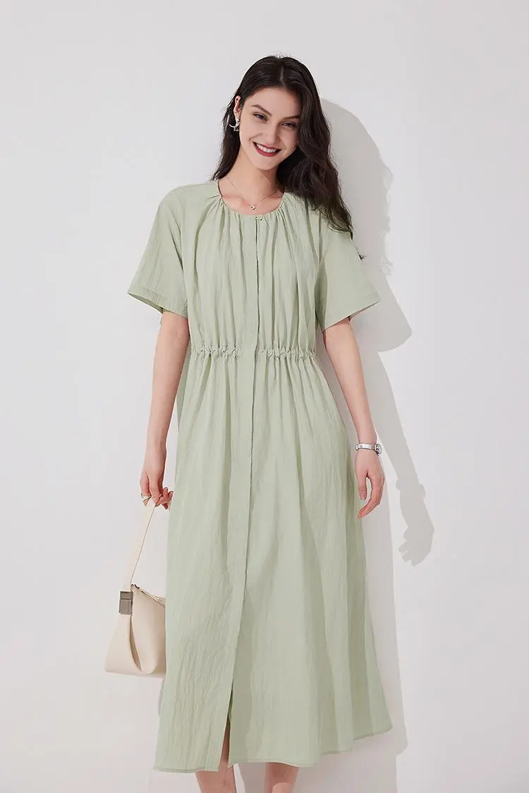Summer Cinched Waist Midi Dress with Pockets - HBQMJX