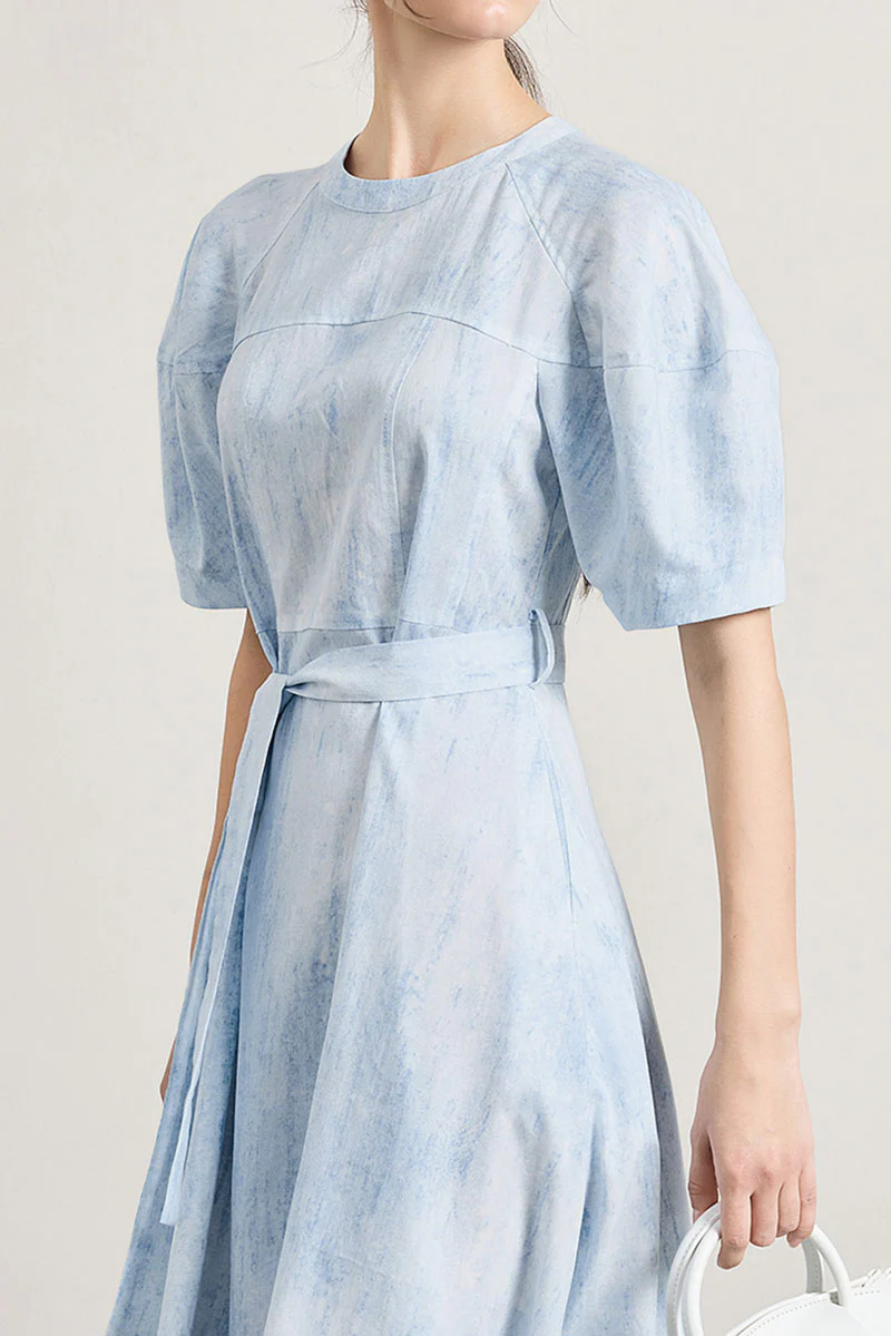 Blue Puff-Sleeve Flare Midi Dress with Belt - HBQMJX