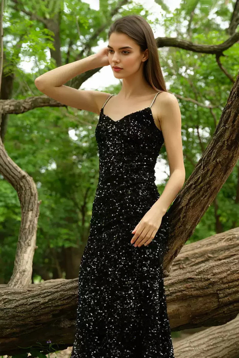 Black Sequin V-Neck Spaghetti-Strap Midi Dress - HBQMJX